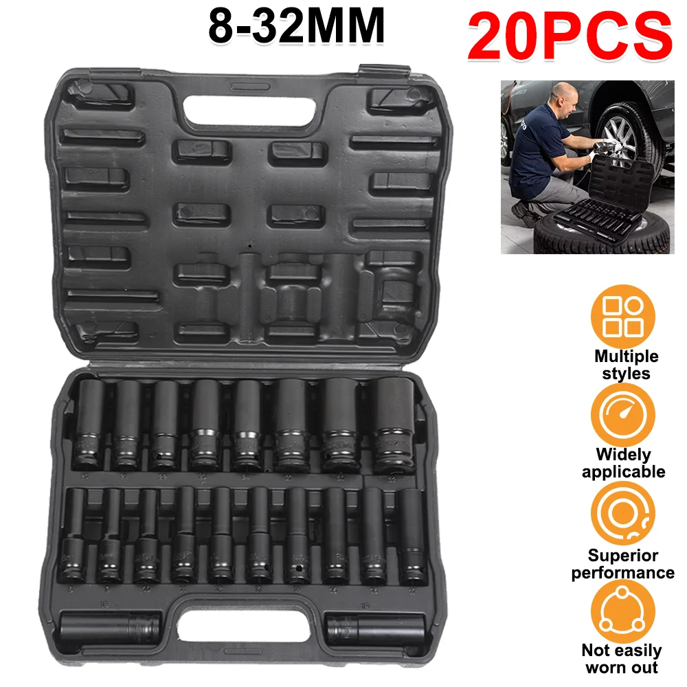 Set completo di 20 pezzi di bussole a impatto a 6 punte con attacco da 1/2 pollice, set di bussole profonde metriche da 8-32 mm, prolunga per chiave elettrica, set completo di bussole per chiave a