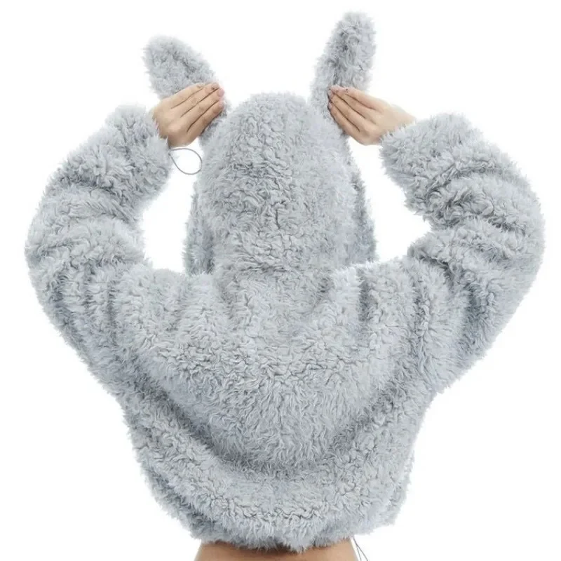 Cute Sweet Imitation Bunny Hair Zipper Sweatshirt Korean Fashion Rabbit Ears Hooded Coats Women Oversize Lamb Hair Short Jackets