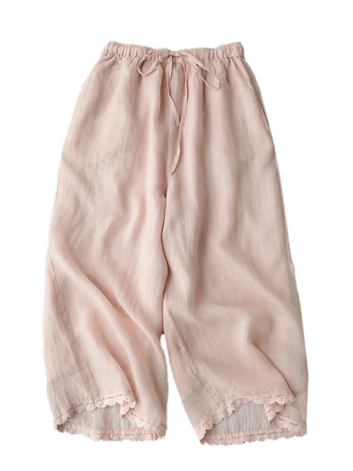 Pantaloni di lino in cotone a gamba larga a vita alta Pantaloni da sette piedi in lino sottile con giunture in pizzo casual estivo da donna