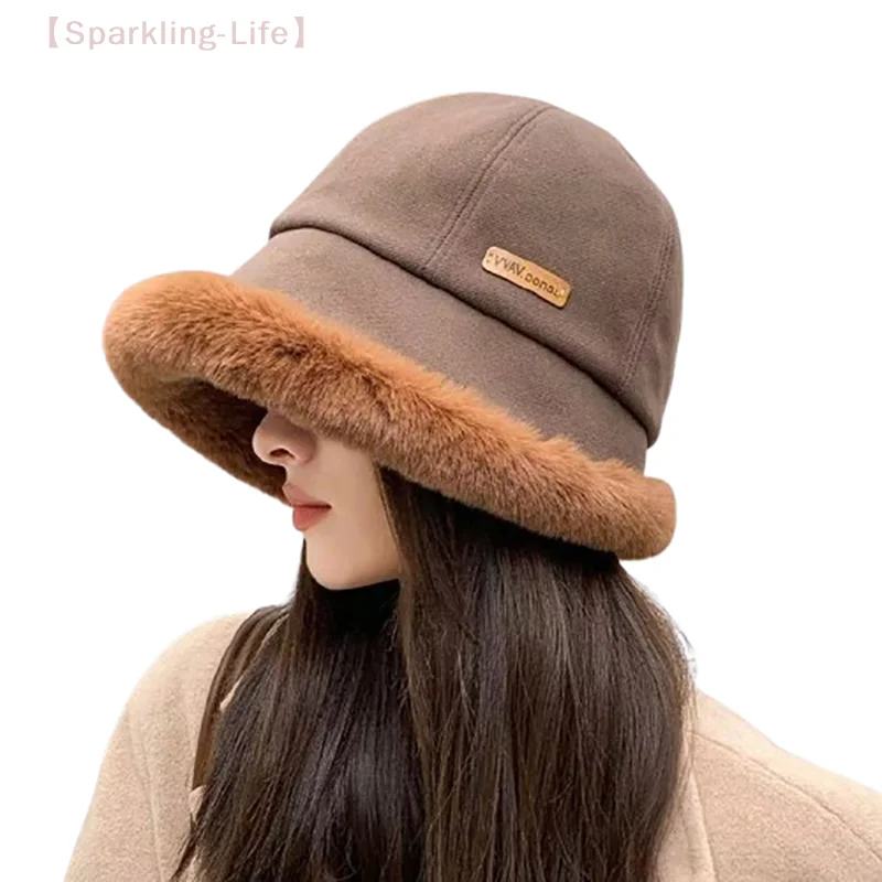 Minimalist Style Winter Women Plush Fisherman Cap Thick Fluffy Fur Panama Cap Fashionable Bucket Hat Windproof Warm Bonnet