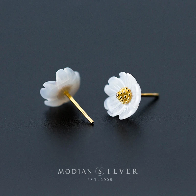 Modian 100% 925 Sterling Silver ceramika złota kolor kolczyki sztyfty z kwiatem dla kobiet roślin ślubne ozdobne biżuteria Orecchini — zdjęcie 5