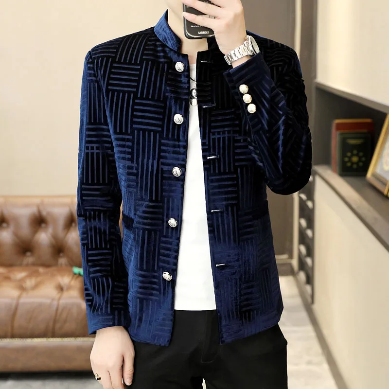 

Мужской повседневный пиджак Slim Fit: осенне-зимний, с воротником-стойкой, модный корейский стиль, однобортный, укороченный.