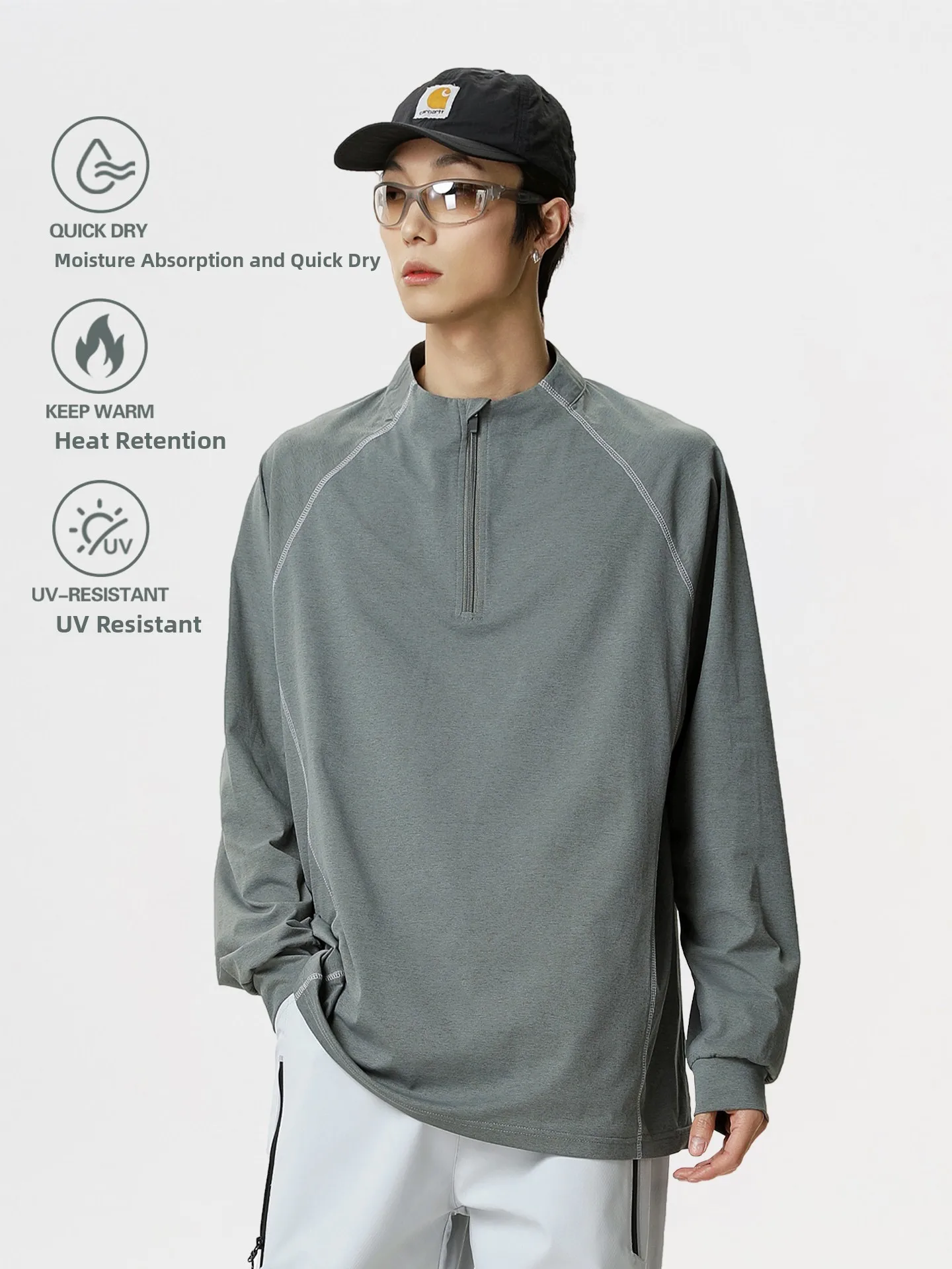 Outdoor Moisture-Wicking Quick-Dry Half-Zip Long Sleeve T-Shirt Unisex Loose Cycling Sports Training Gear Hiking Base Layer Top