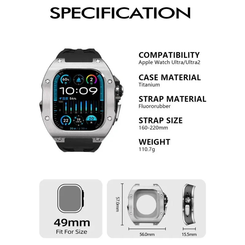 حافظة Cool Soul Titanium لساعة Apple Ultra 3/2 مقاس 49 ملم، مجموعة تعديل Mille Mod iWatch، شريط مطاطي فلورين فاخر