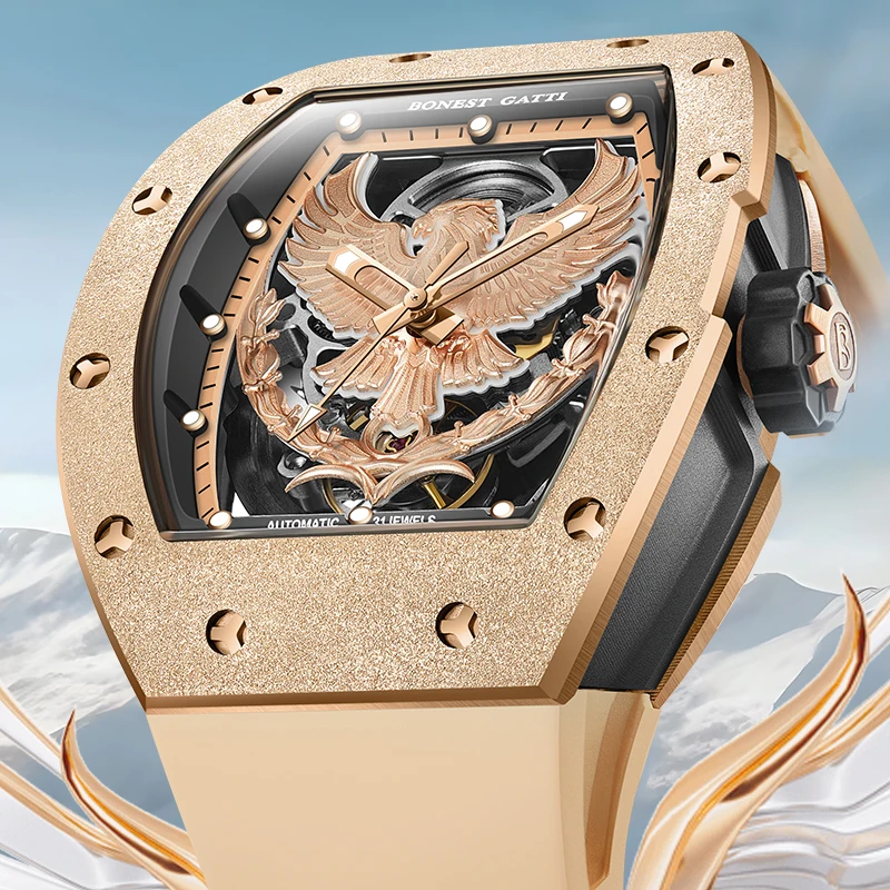 Bonest Gatti New Eagle Watch هيكل من الفولاذ المقاوم للصدأ وحزام مطاطي ساعة ميكانيكية فاخرة للرجال