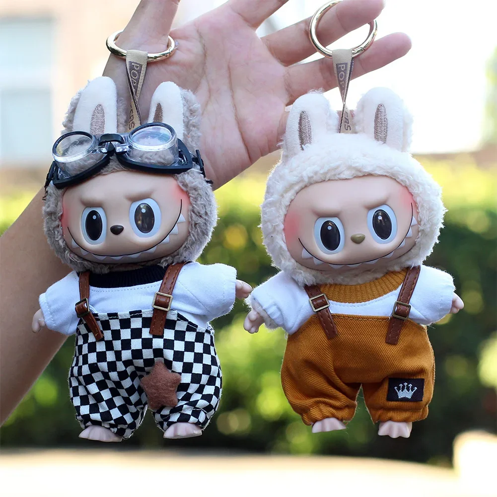 17cm Labubu Doll Clothing Fashion Hoodie Doll Accessories Dopamine Style Checkered Overalls T-shirt Set Ropa Labubu