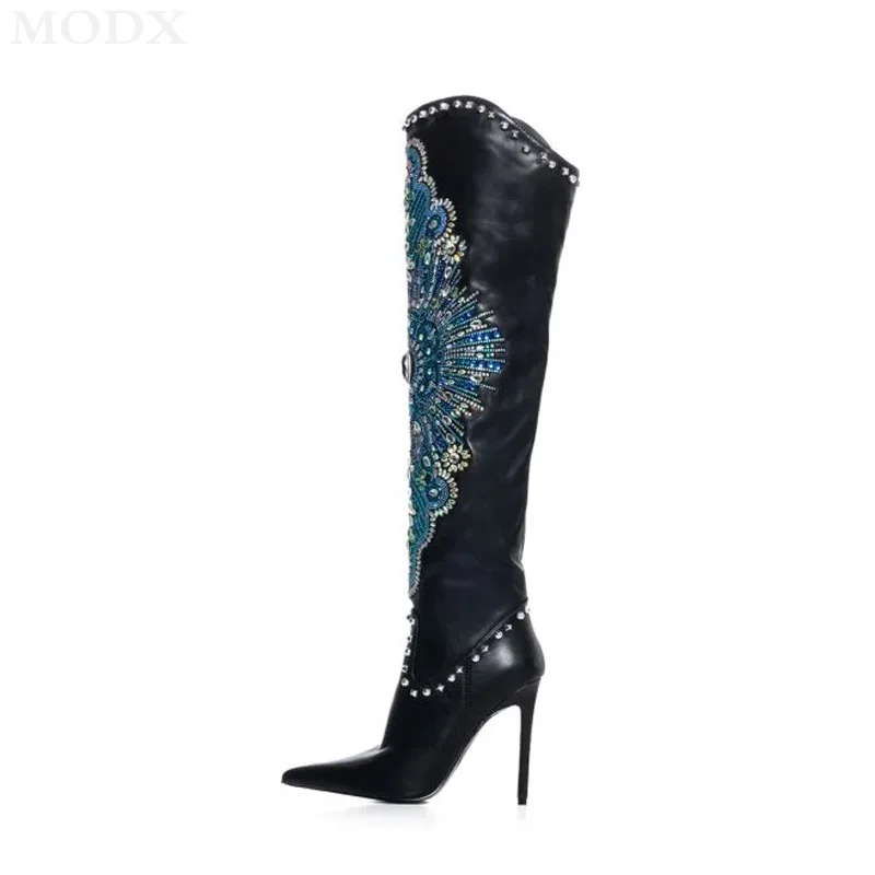 Mixed Colors Crystals Embroidered Over-the-Knee Boots Luxury Glitter Gemstones Pointed Toe 10 CM 12CM Heel Side Zip Leather Boot