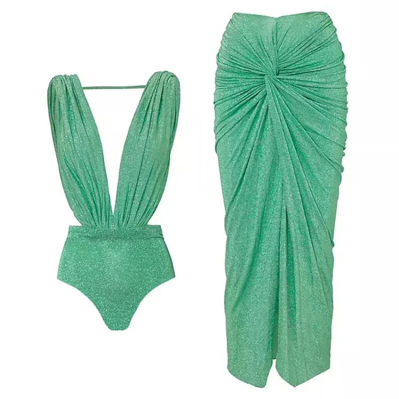 

One Piece Swimsuit For Women European And American Swimwear Women's Flash Fabric Deep V Sexy One-piece Swimsuit Suit Women