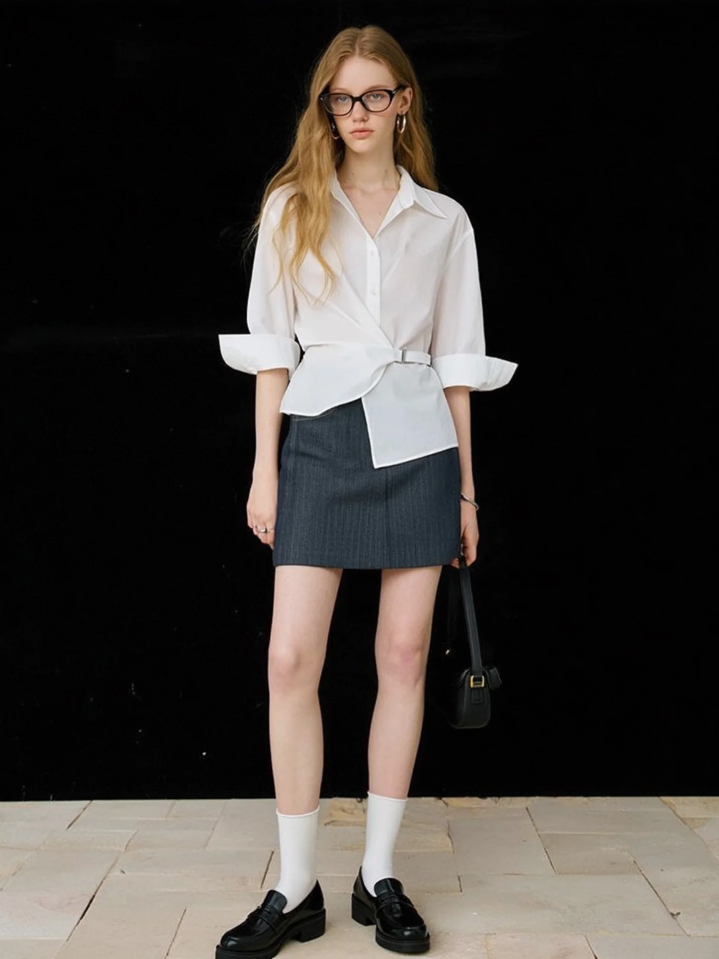 

HUAAPPUW Asymmetric Flip Collar Shoulder-Length Seven-Sleeve Waist-Cinching Thin Shirt Spring-Summer New Style Loose Fit Wome...