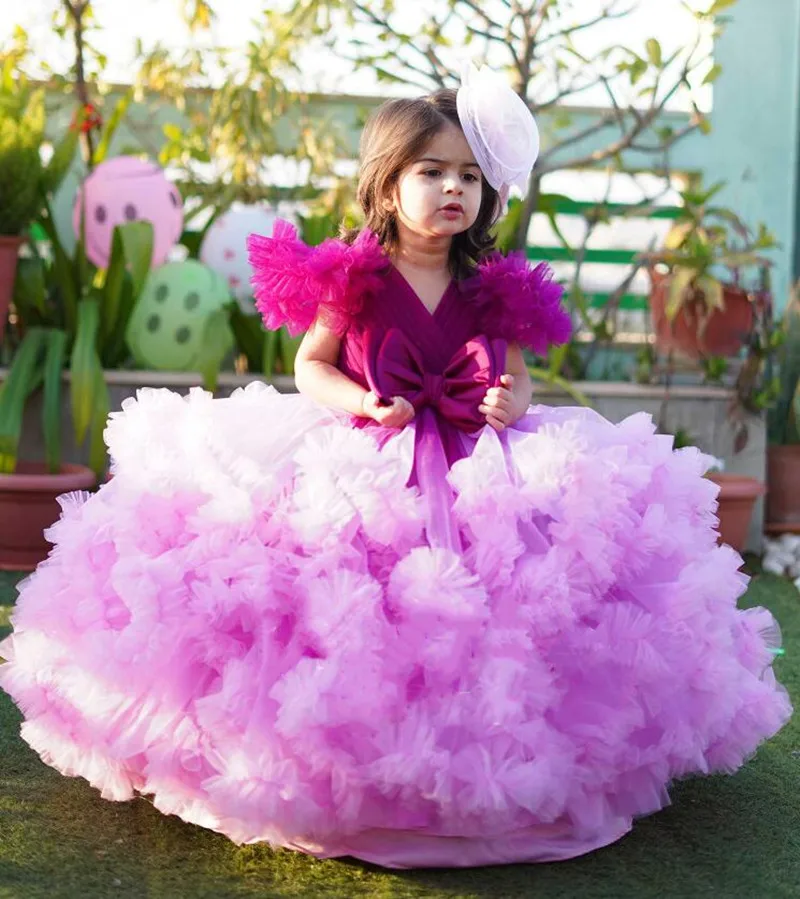 Vestido de baile em V com grande arco para meninas, vestido florido para casamento, festa da princesa, aniversário infantil, luxo, baile