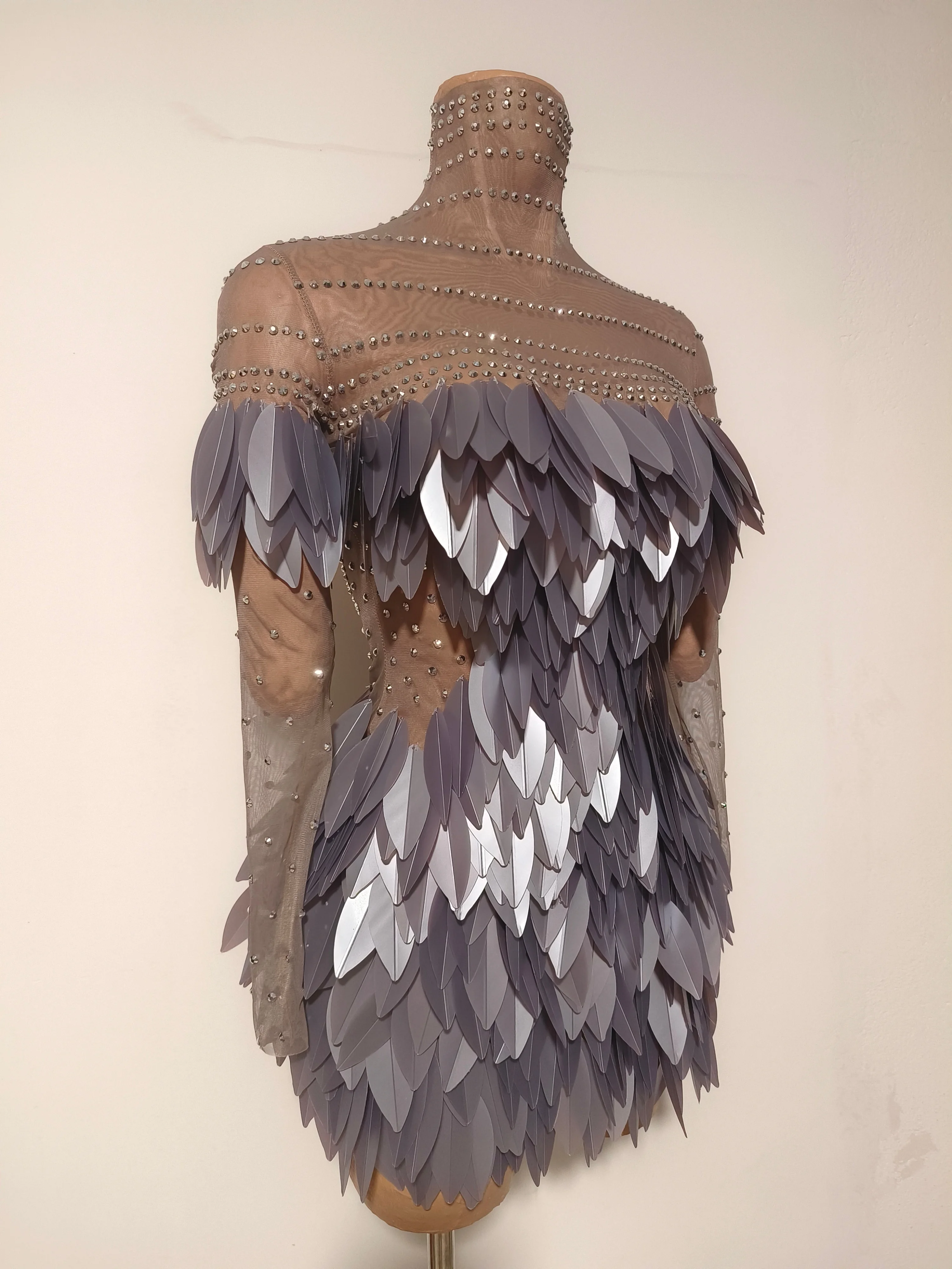 فستان سهرة فاخر برقبة عالية وحزام شفاف من حجر الراين Adorne ثلاثي الأبعاد باللون الفضي والرمادي للاحتفال بعيد الميلاد #1