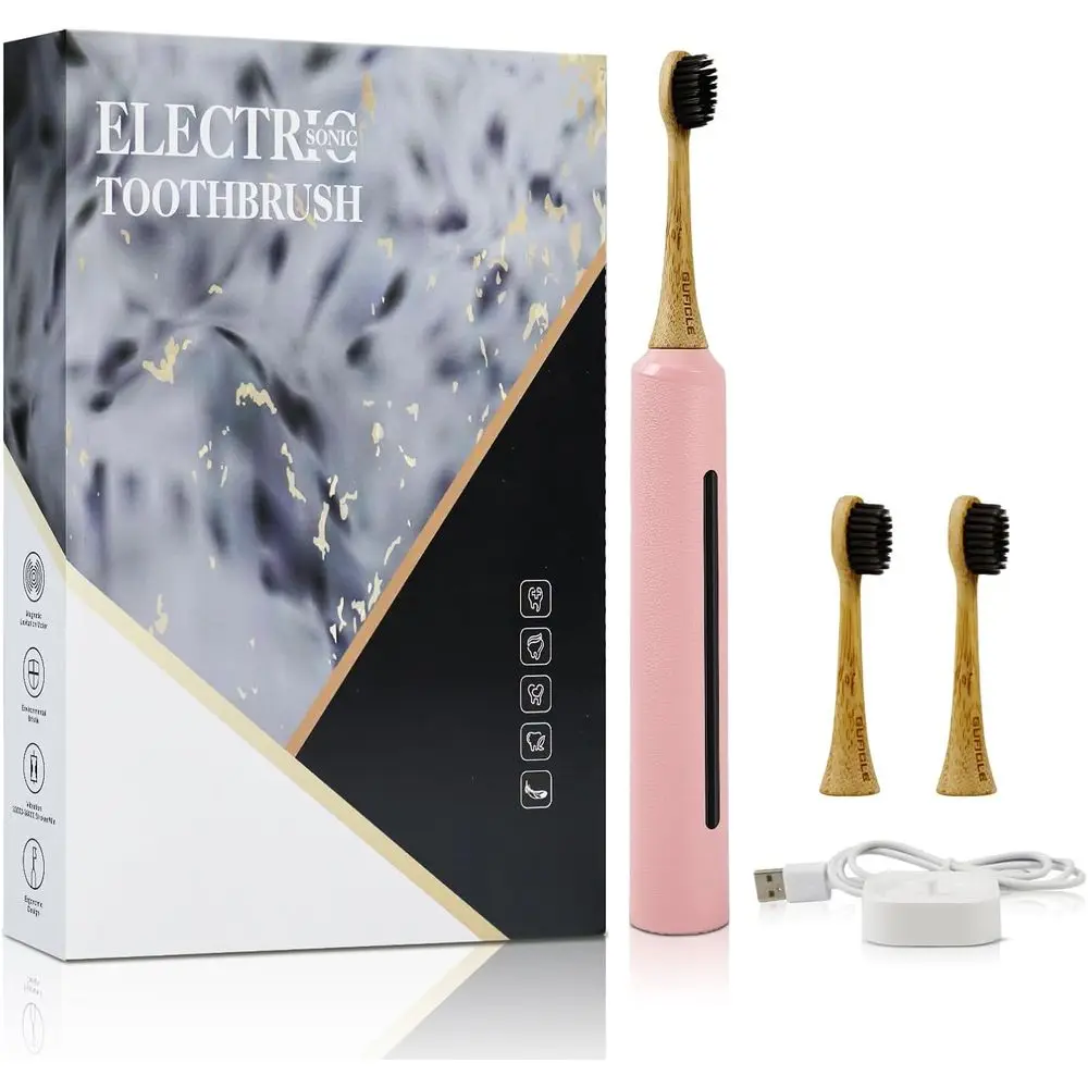 

Перезаряжаемая электрическая зубная щетка для взрослых с 3 насадками из бамбукового угля, 5 режимами, 60-дневным сроком службы батареи, водонепроницаемость IPX7 - розовая