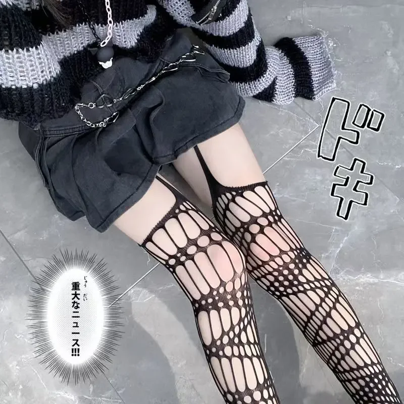 2026New Lolita Hollowed Out Mesh Stockings Japanese Dark Black Punk Suspender Socks Girl's Y2K Ultra-thin Pantyhose Long Socks
