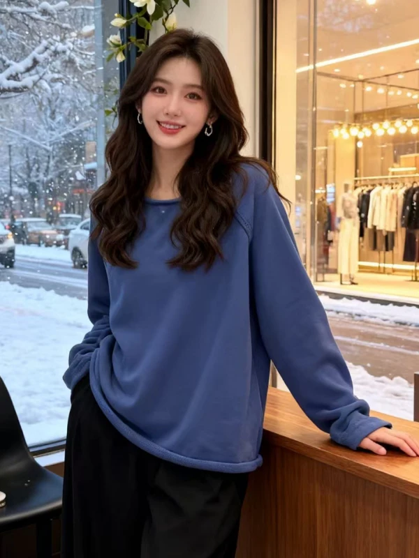 

Ladies Loose Fit Long Sve Cotton Hoodie Spring Casual Comfortable Overhead Top Korean Sle plus Size Streetwear round Ne