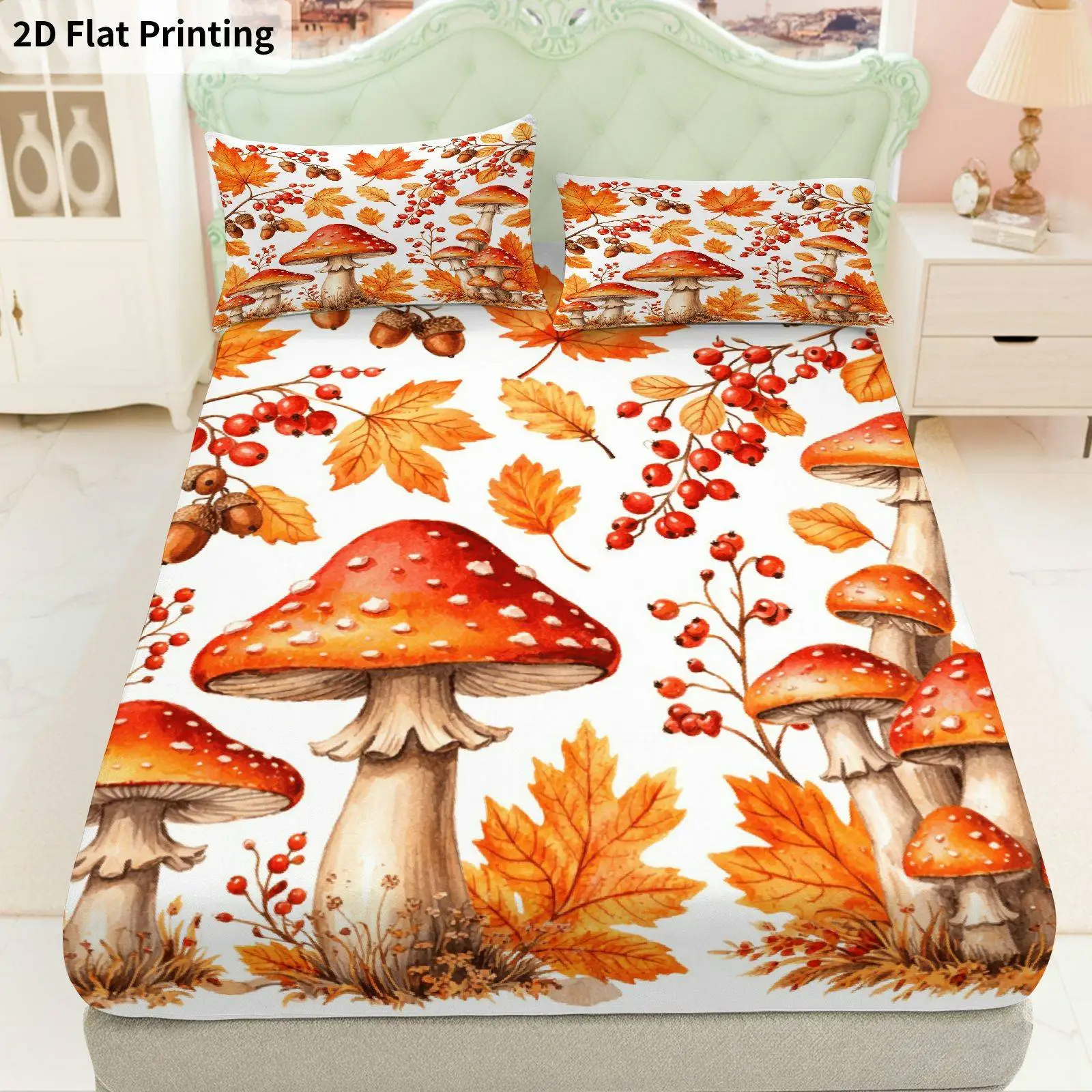 Autumn Leaves, Mushrooms, and Berries Bed Sheet Set Thanksgiving Theme Autumn Bedding Three-Piece Set (Includes 1 Fitted Sheet + 2 Pillowcases) 3-Piece Set, Large Deep Pocket 2D Printed Fitted Sheet and 2 Pillowcases, Mattress Protector, Fitted Sheet Style, Protective Cover, Mattress Protector, Suitable for All Seasons, Machine Washable Design, Holiday Decoration, Various Sizes, Breathable Protective Cover Plus Pillowcases