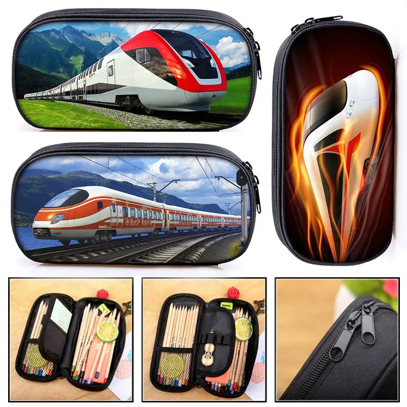 High Speed Rail Train Print Cosmetic Case Pencil Bag Kids Stationary Bags Teenager Pencil Box School Supplies Gift