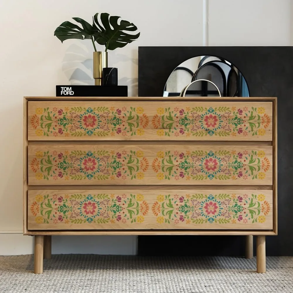 قالب رسم الأزهار الشعبية الاستنسل 11.8x5.9 بوصة قابلة لإعادة الاستخدام لتقوم بها بنفسك نمط زهرة الشعبية الاستنسل للرسم على نسيج جدار الخشب