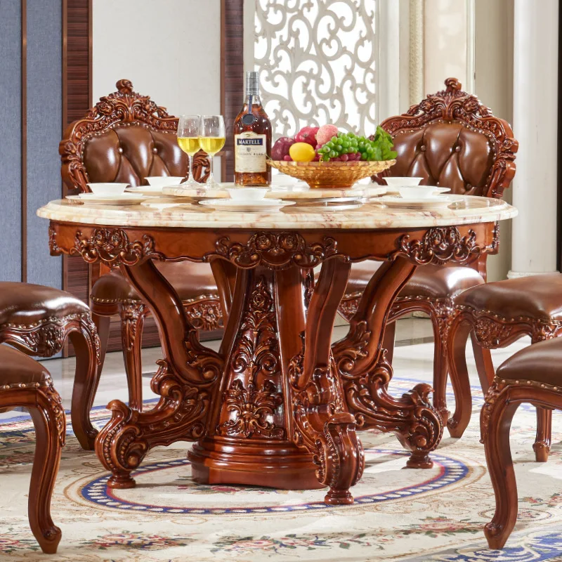 

European round table marble dining table full solid wood carving flower home dining table with turntable villa hotel American