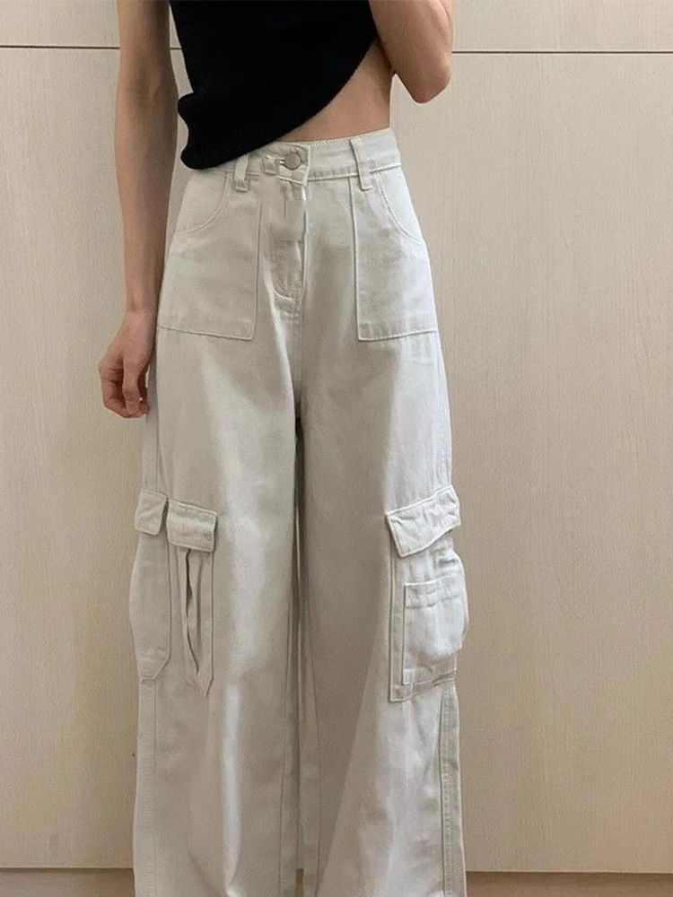 Estilo americano cintura alta carga jeans feminino outono novo bege retro solto perna larga reta calças versáteis