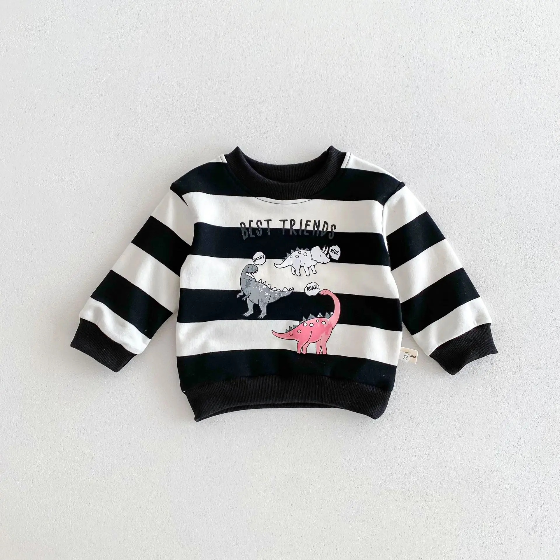 Autumn new male and female babies cute dinosaur print striped long-sleeved hoodie base shirt baby T-shirt Fashion Baby Clothing