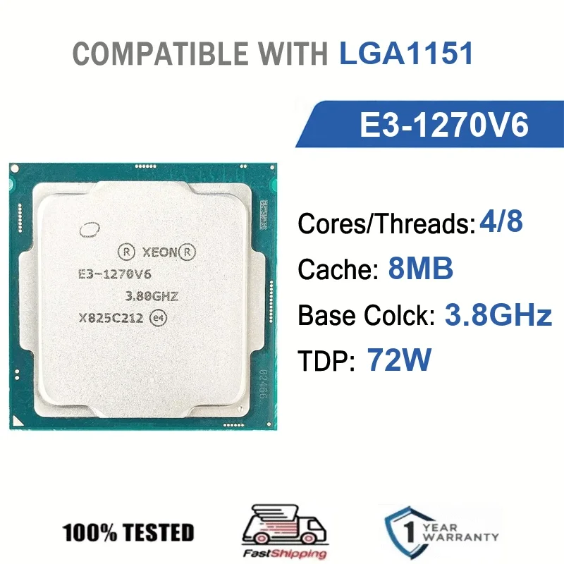 Intel Xeon E3-1270V6 4 núcleos 8 hilos 3,8 GHz 72 W 8 MB de caché 14 nm LGA1151 SR326 DDR4 2400 / DDR3L 1866 MHz Kaby Lake
