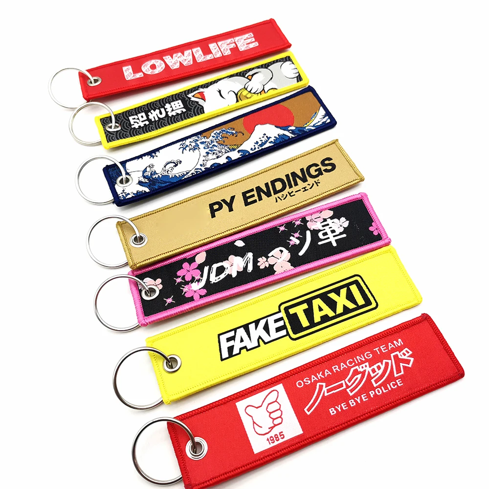 Newest JDM Keychain Car Culture Fashion Tags Embroidered Short Cloth Rectangle Polyester Auto Holder Charm KeyRing Fake Taxi