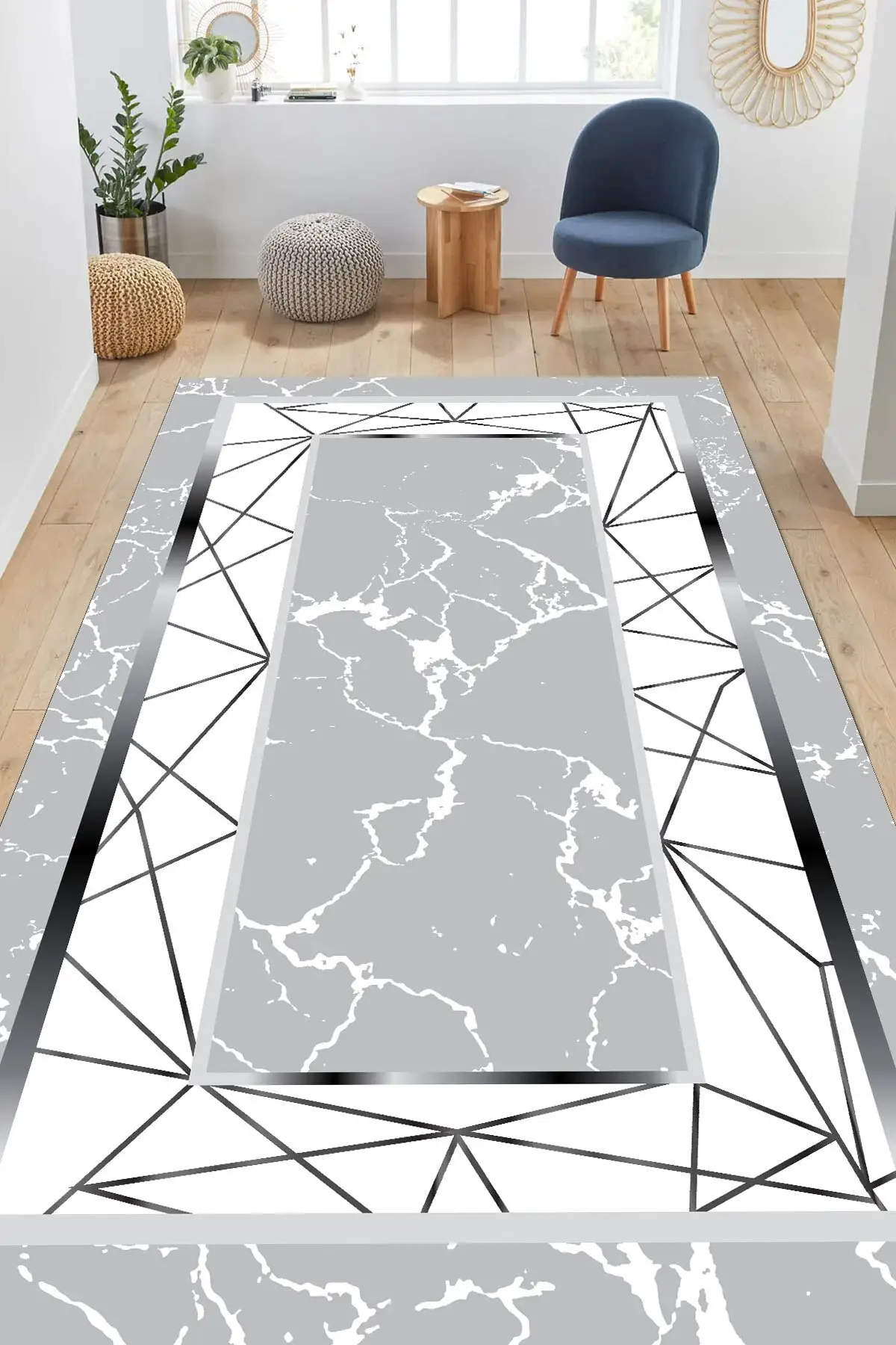 DOLBOVI gray silver white marble transition carpet and runner (Dot/felt base carpet)