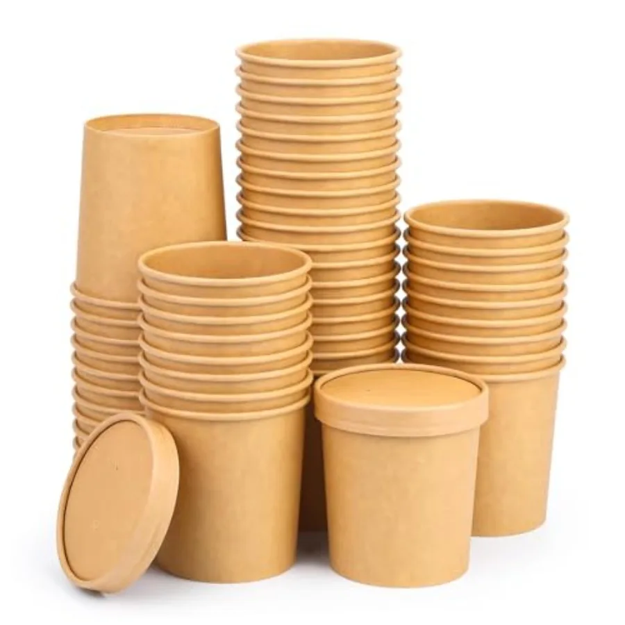 

50 Pack Paper Soup Containers with Lids, Biodegradable Ice Cream Cups, Disposable Paper Containers with Lids for Microwave, Ref