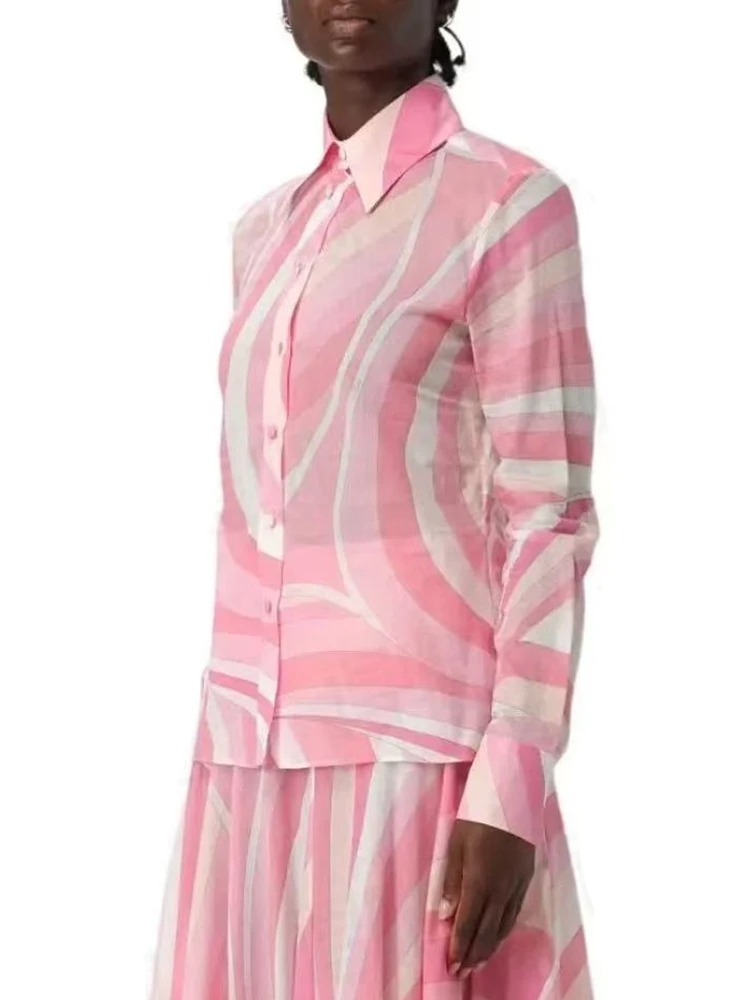 

Весенне-летняя модная шелковая блузка с геометрическим принтом, женская рубашка с отложным воротником, тонкая, с длинным рукавом, на одной пуговице