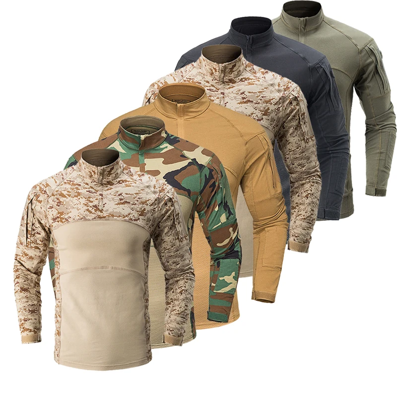 Koszula taktyczna koszula bojowa mężczyźni odzież wojskowa elastyczność koszula męska Camo T Shirt Multicam armia długa koszula ubrania myśliwskie