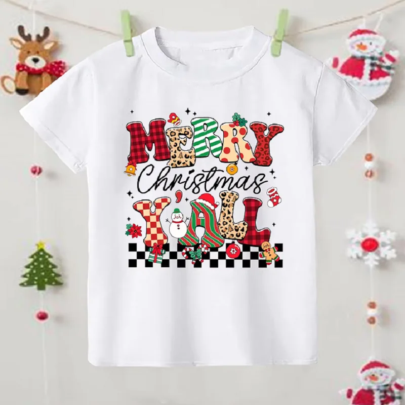 Merry Christmas Y'all CutePrinted Shirt Boys Girls Christmas Outfit Tee Kids Holidy T-shirt Xmas Child Short Sleeve Tops Clothes