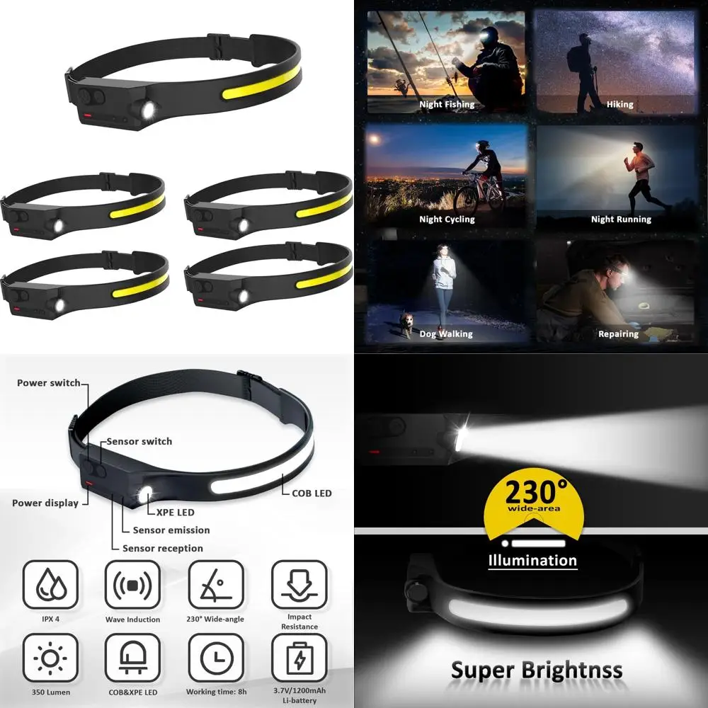 

5 перезаряжаемых светодиодных налобных фонарей, 350 люмен, яркий налобный фонарь с датчиком движения, легкий USB-налобный фонарь, удобная повязка на голову с