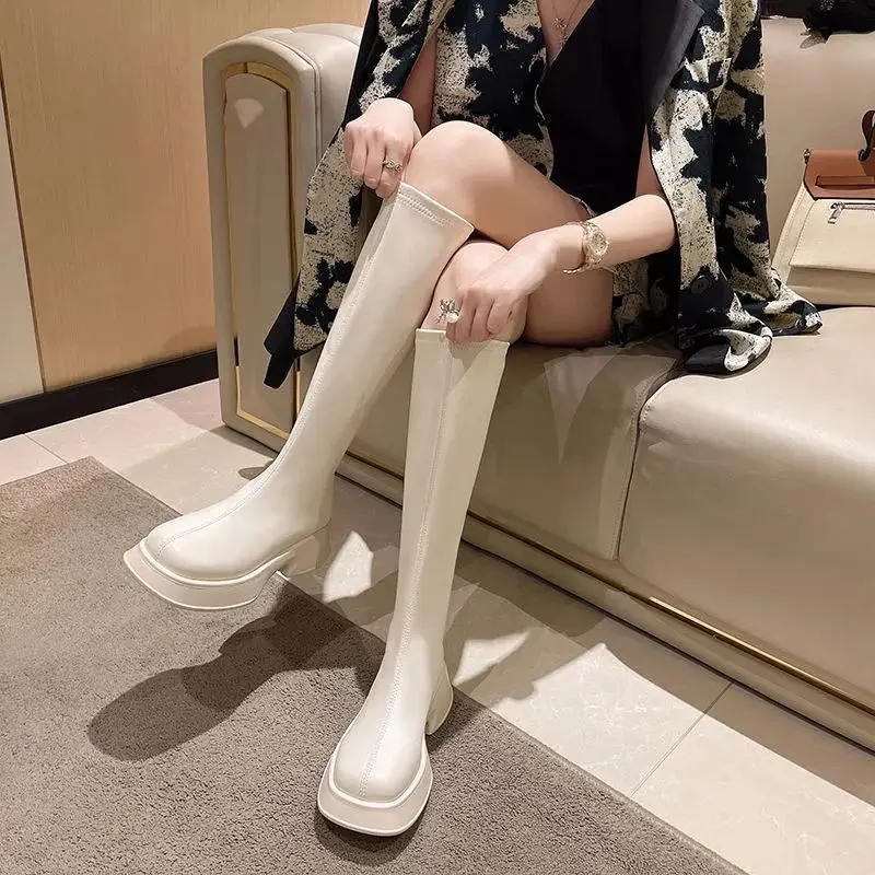 Ladies Boots Tassel Shoes for Women White Footwear Winter Knee High Shaft Square Toe Long on Promotion Fashion 2024 Sale Pu Boot