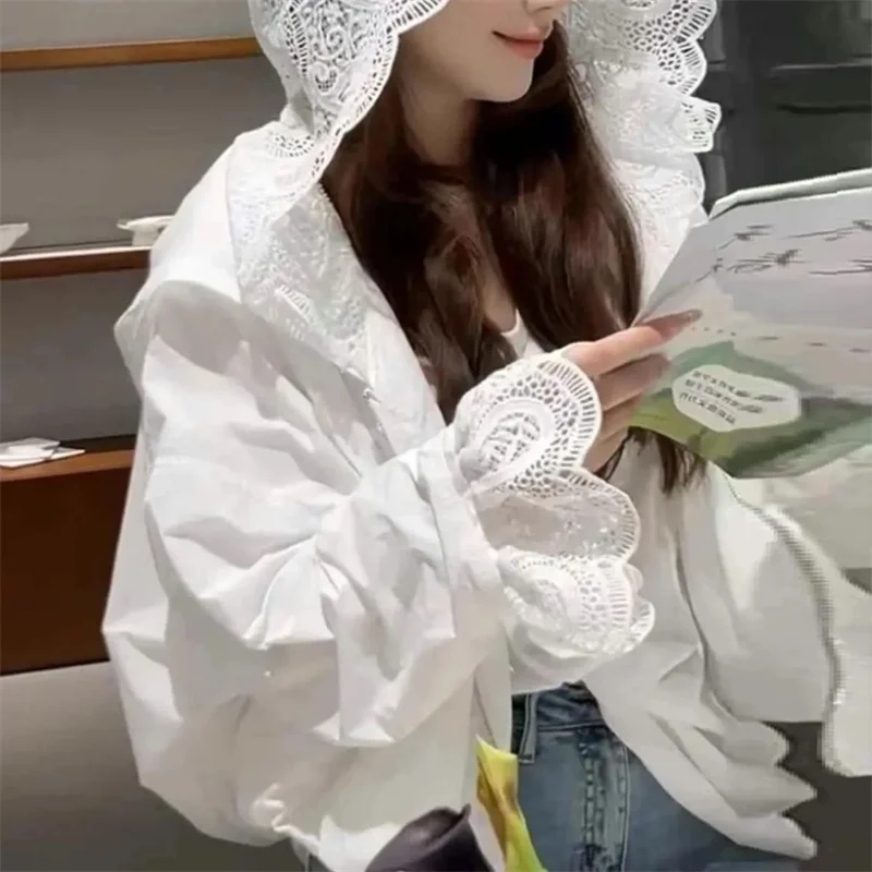 Spitze Sonnenschutz Jacke frauen Frühjahr/Sommer 2026New Spleißen Sonnenschutz Kleidung Mantel Weibliche Mode Mit Kapuze Outwear Flut top