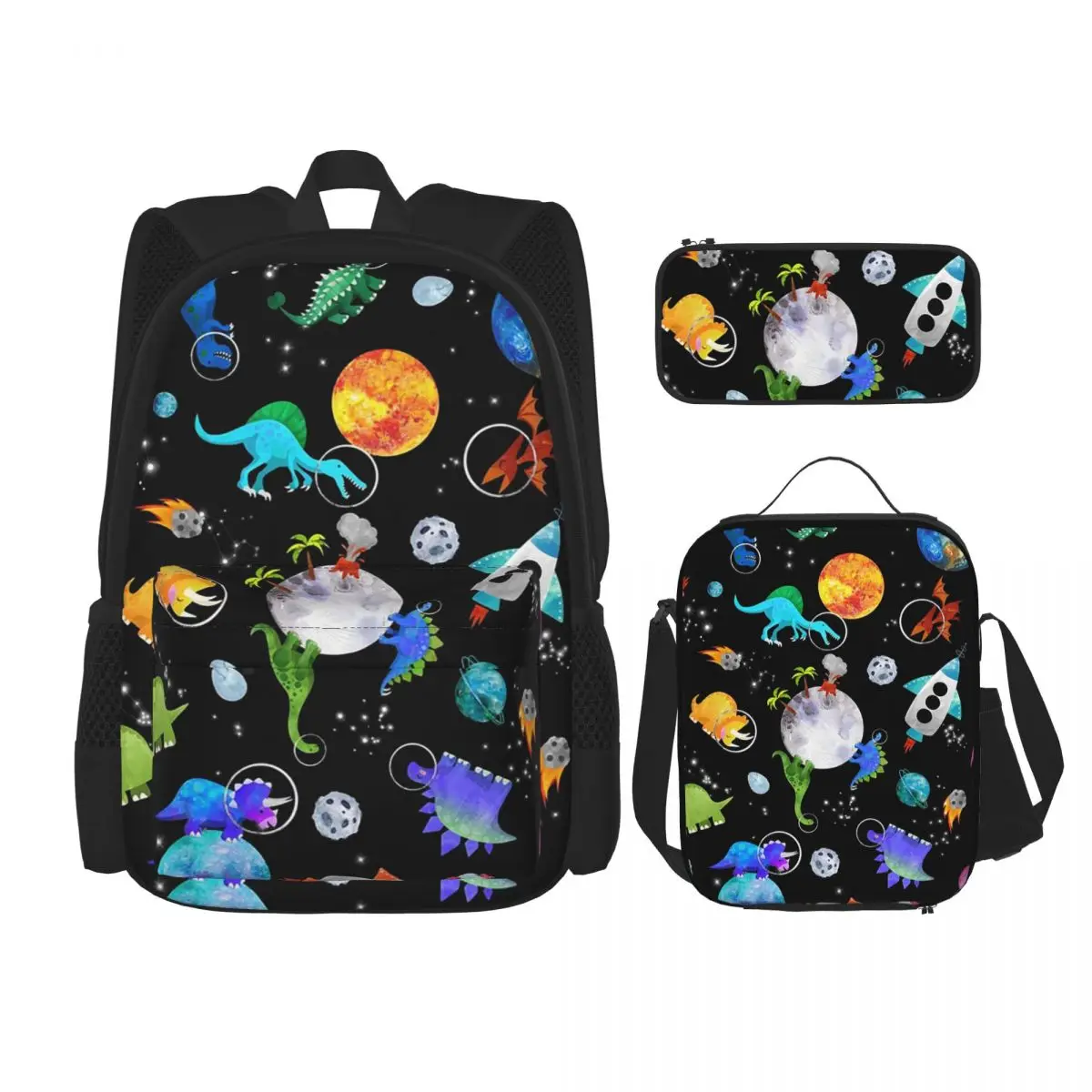 

Dinosaur Astronauts In Outer Space Backpacks Boys Girls Bookbag Children School Bags Rucksack Lunch Bag Pen Bag Three-Piece Set