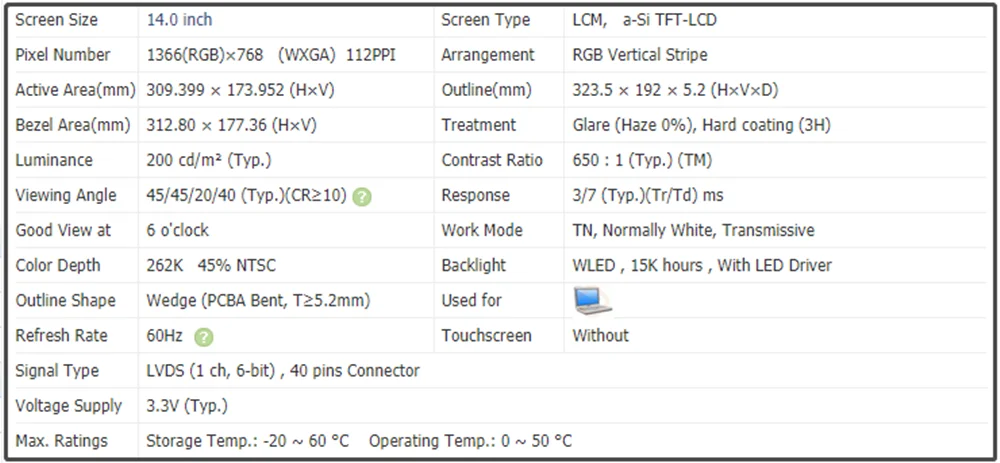 N140BGE-L23 14 Inch Laptop LCD Screen Panel HD 1366x768 WXGA 60Hz LVDS 40pins 200 cd/m² 45% NTSC