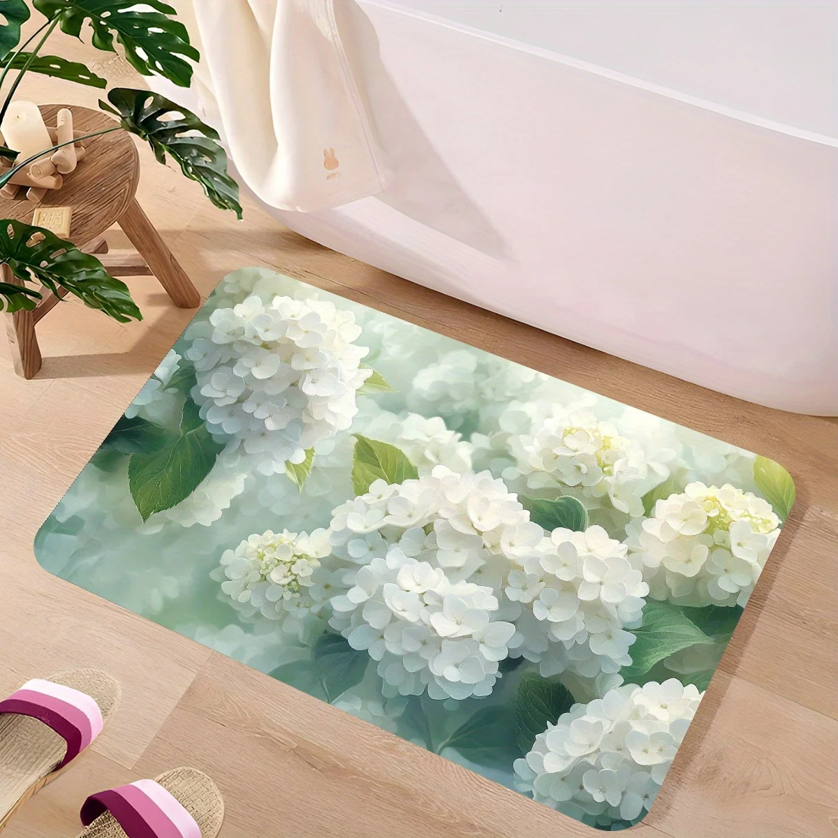 

Цельный напольный коврик с рисунком белой гортензии, полиэфирная ткань, можно стирать в машине, подходит для украшения спальни, гостиной