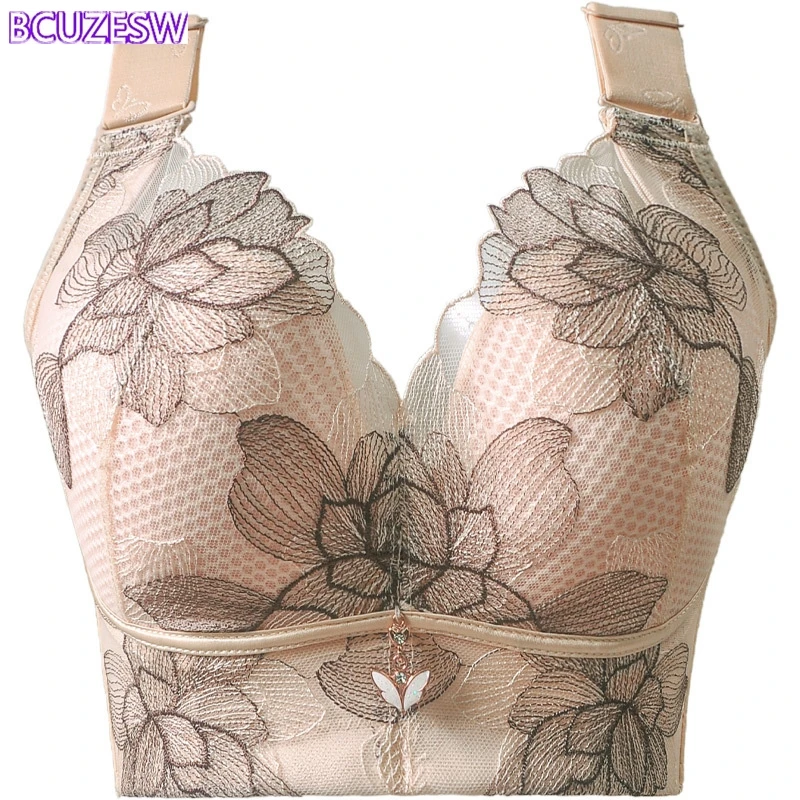 

Sexy Push Up Linger For Women Plus Size Bras C D E Thin Gathered Wireless Brassiere Underwear Embroidery Floral Bralette Female