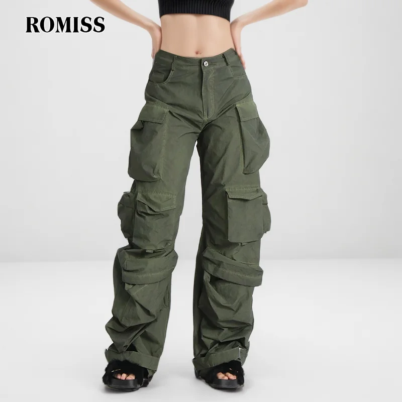 

ROMISS Solid Streetwear Spliced Pocket Cargo Pant For Women High Waist Patchwork Button Loose Full Length Pants Female New