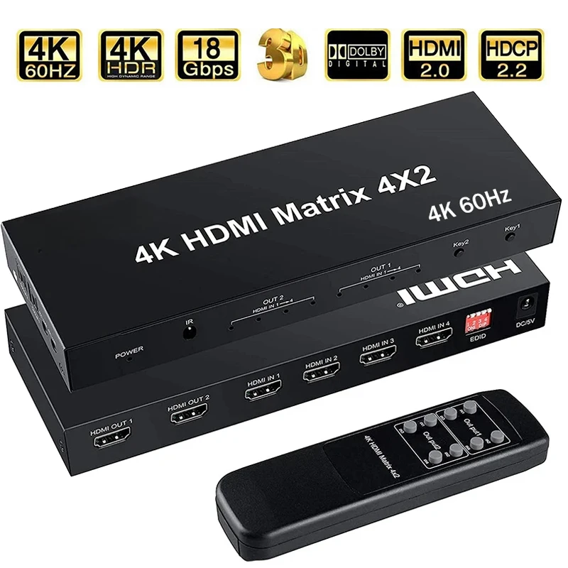 4x2 HDMI Matrix Switch 4K 60Hz HDMI 2.0 Matrix Video Switcher Splitter with Optical + 3.5mm Audio Output HDCP2.2 Audio Extractor