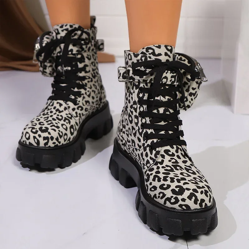 Leopard Print Chunky Heels Schuhe Frauen Plattform Stiefeletten Casual Sneaker Winter 2025, Trend Designer Lace Up Schnee Botas Mujer