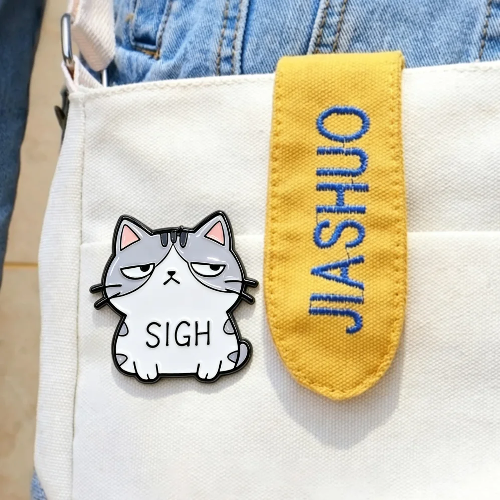 Grumpy Sigh Cat Enamel Lapel Pin Moody Lazy Grey White Kitten Cartoon Animal Metal Badge Pet Lover Backpack Decor Gift