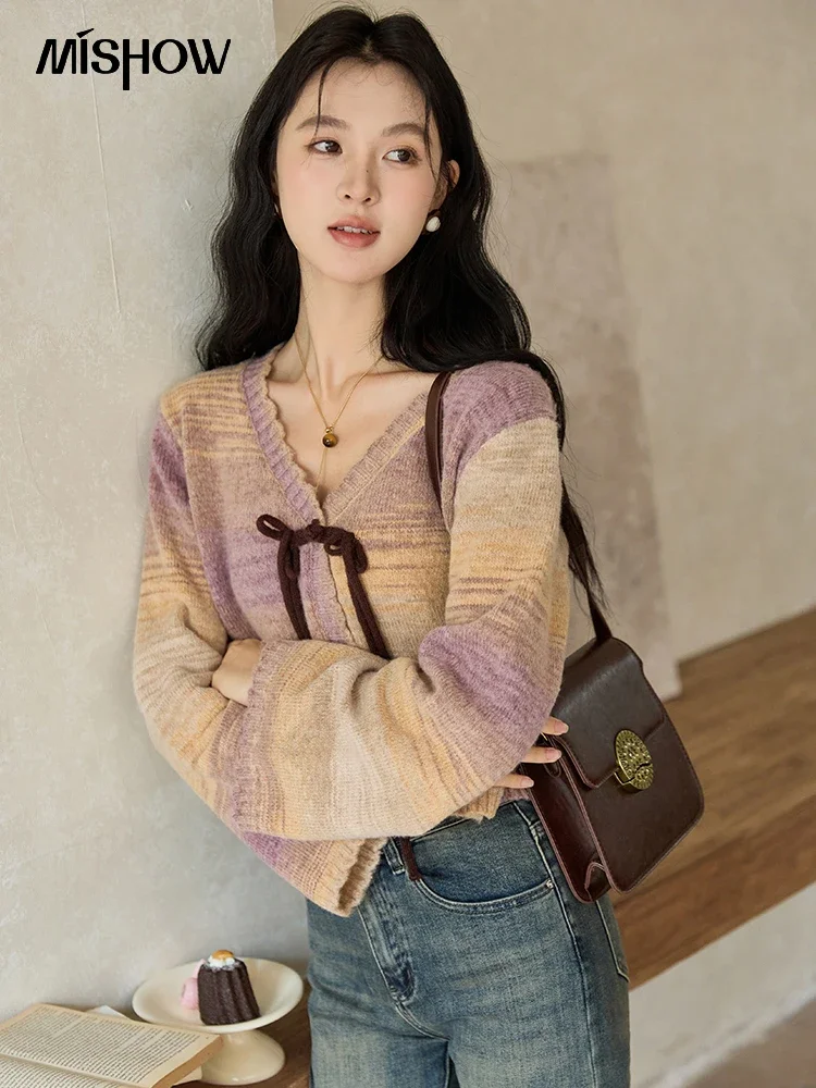 MISHOW Fashion Gradient Color Sweater Women Lace-up Tie-Dye Knit Jacket 2024 Autumn New Korean Sweet Knitwear Tops MXD44Z0798