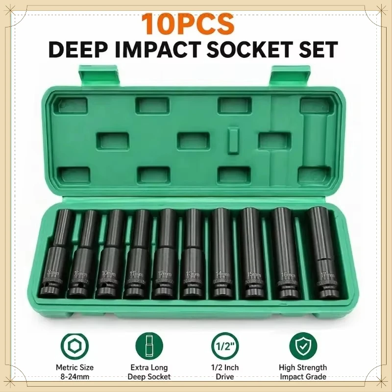 10Pcs 1/2 Inch Metric Deep Impact Socket Set High Strength Long Sockets for Pneumatic Wrench Auto Repair Tools