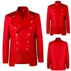 Men's Red Double Breasted Suit Blazer Jacket Steampunk Slim Stand Collar Tailcoat Victorian Gothic Frock Coat Halloween Costume