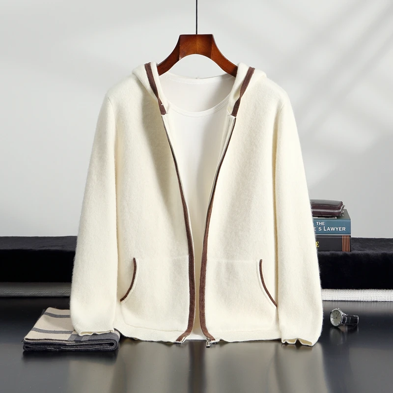 High Quality Men's 100% Cashmere Sweater Autumn Winter Thick Zippers Cardigan Casual Jacket Soft Warm Cashmere Knitwear Hoodie