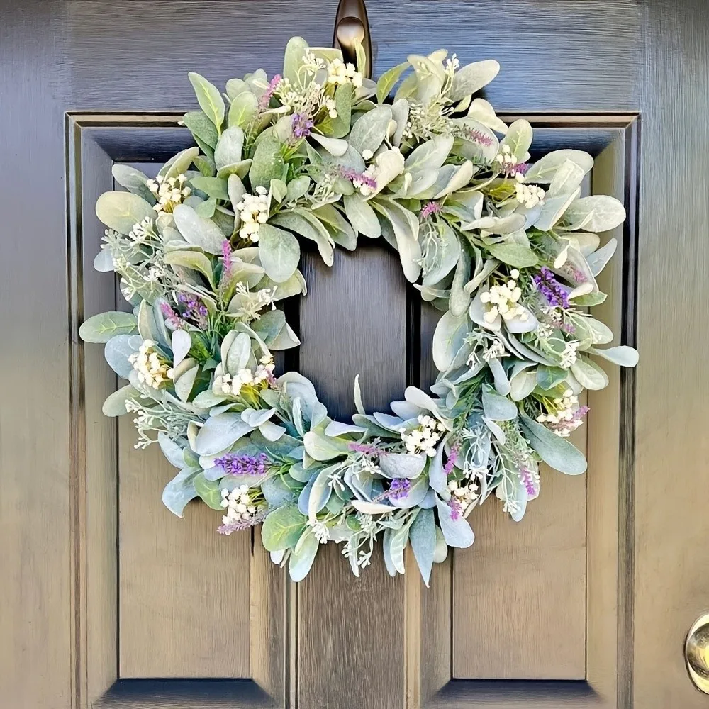 flocked-lambs-ear-lavender-wreath-realistic-lifelike-artificial-wreath-handmade-vivid-colors-door-hanging-wreath-front-door
