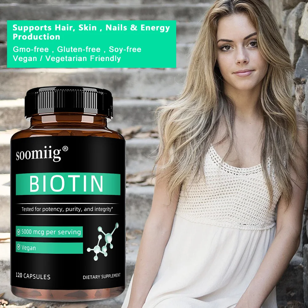 نباتي بيوتين 5000 مكجم - يساعد على تعزيز الشعر الصحي والجلد والأظافر، 30/60/120 كبسولة نباتية، غير وراثيًا