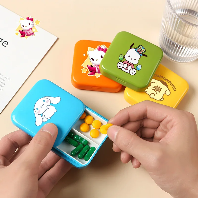 MINISO Kawaii Anime Hello Kitty Cinnamoroll Sanrio Push-pull Pill Box Cartoon Packaging Sealed Dust-proof Storage Box