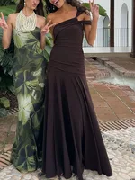 Vestido de cóctel plisado elegante de cintura alta, vestido largo Irregular ajustado con abertura para mujer, vestido de noche sencillo liso con espalda descubierta 2025